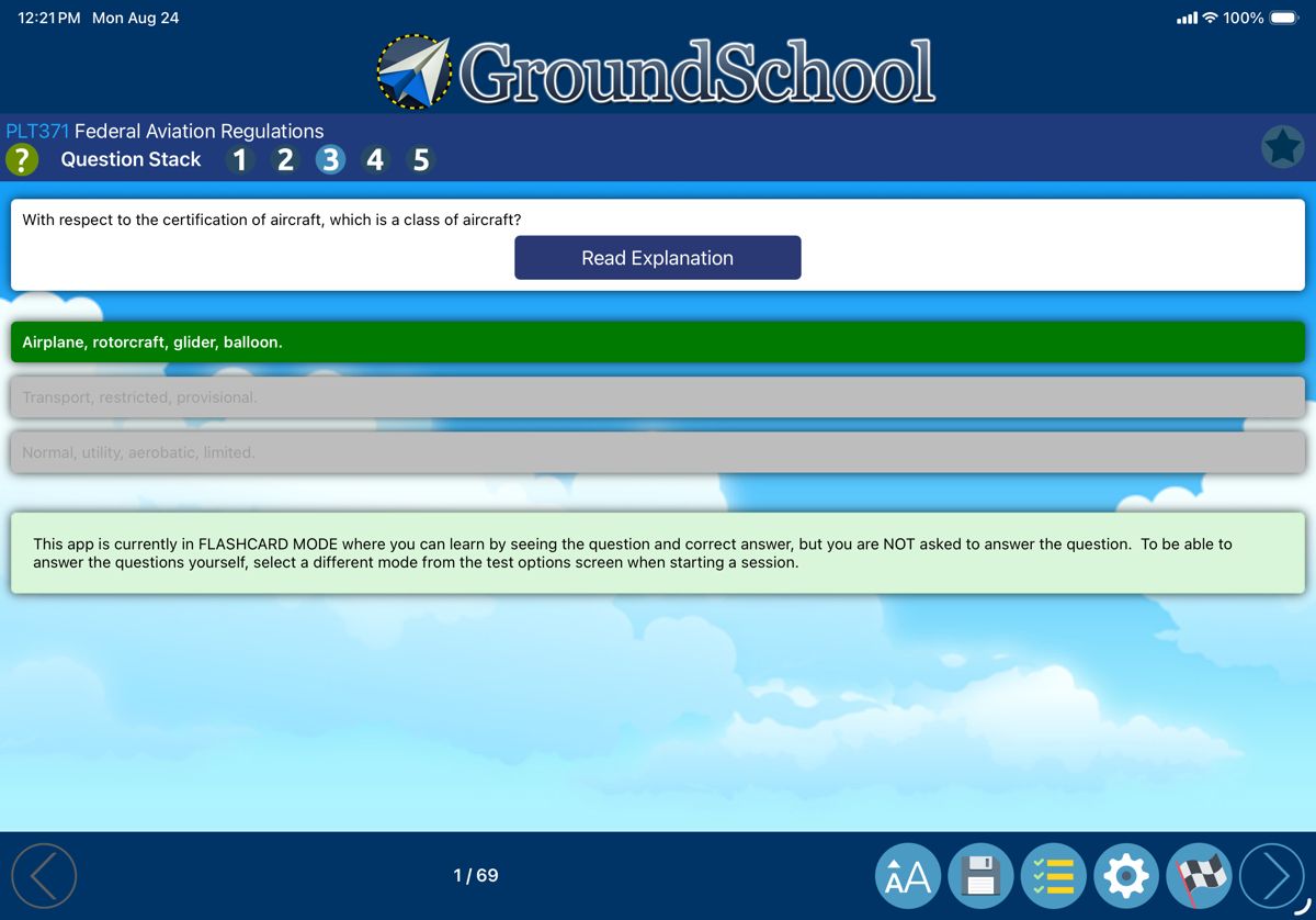 Flashcard mode showing a regulations question with only the correct answer highlighted in green, and a Read Explanation button