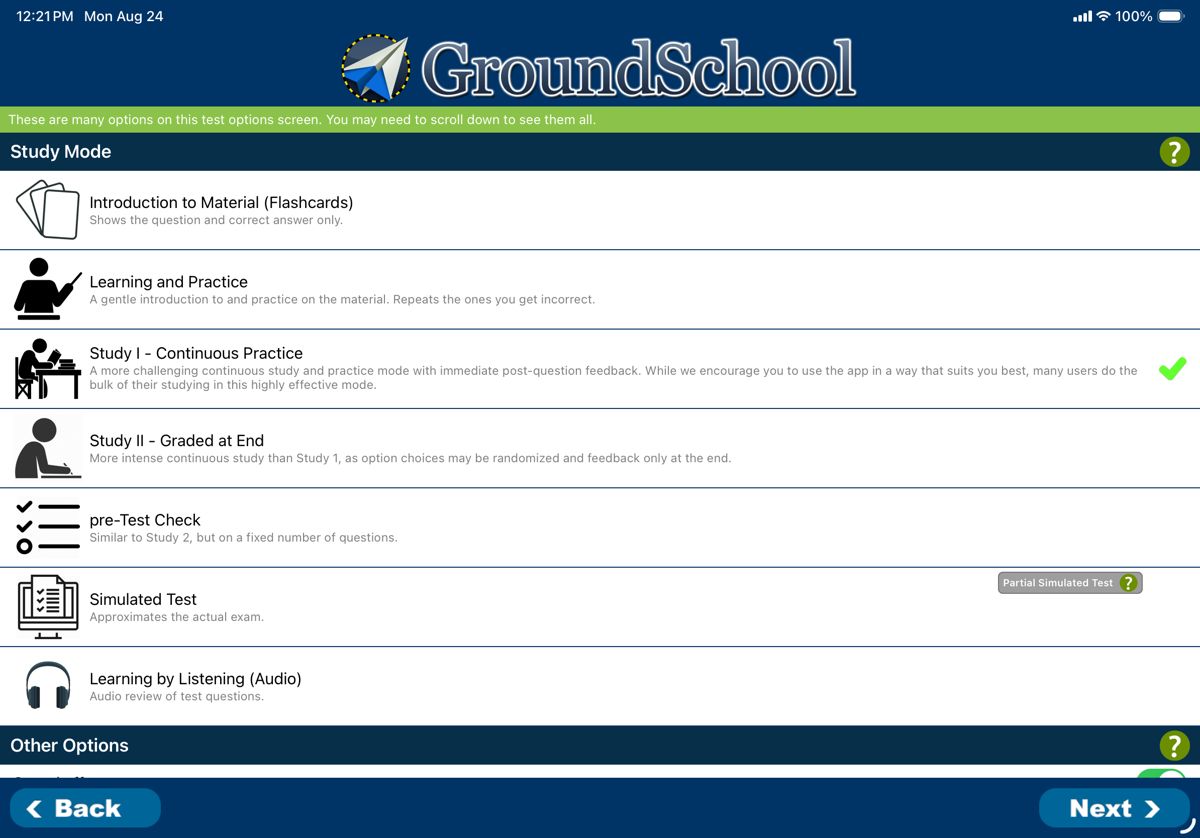 The study mode list: Introduction to Material, Learning and Practice, Study I, Study II, pre-Test Check, Simulated Test, and Learning by Listening