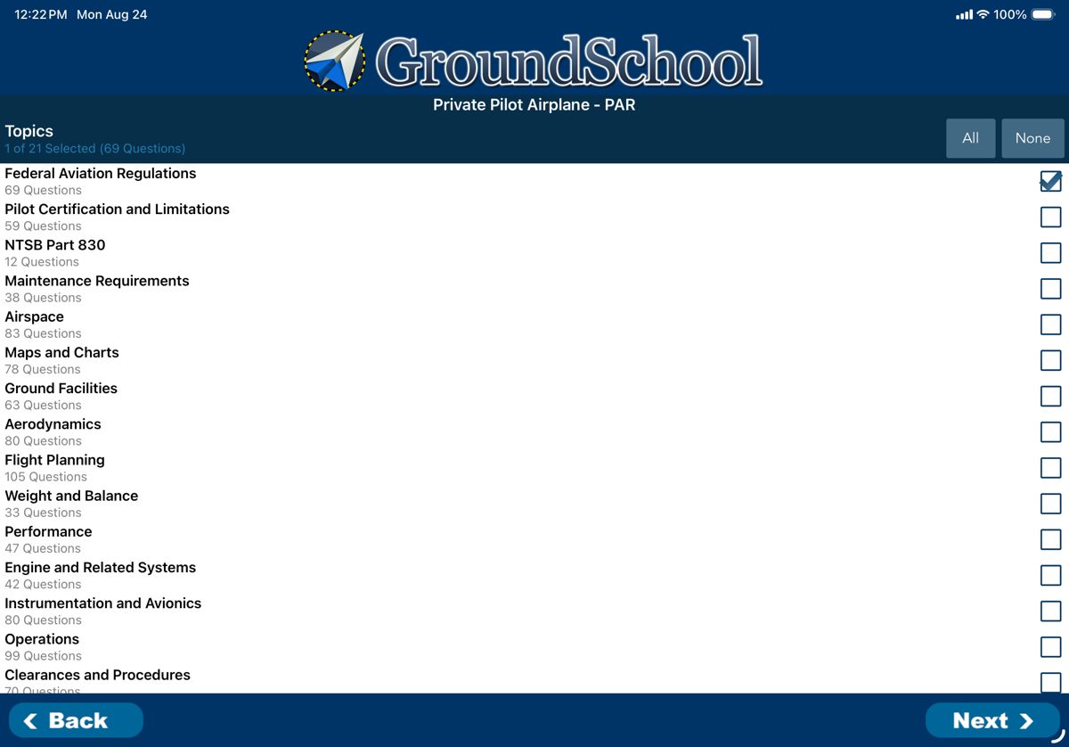 The topic list for the Private Pilot Airplane test, with only Federal Aviation Regulations selected
