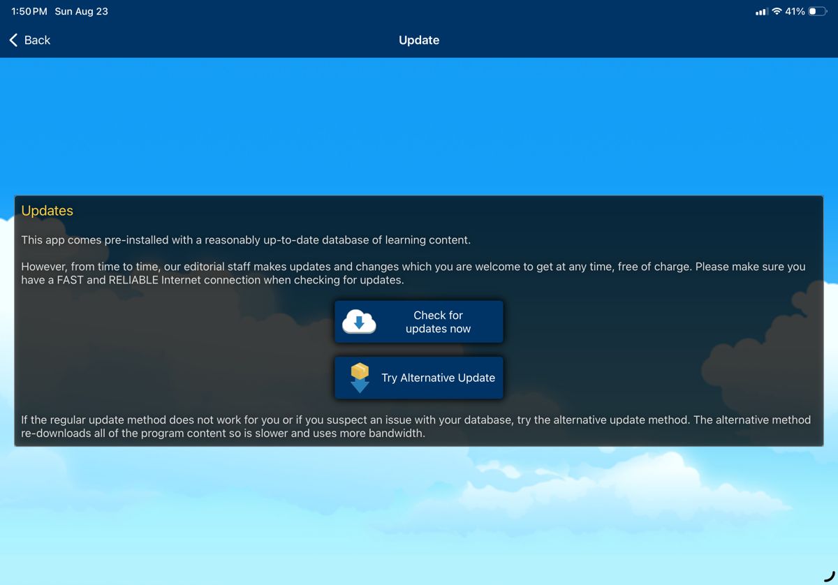 The GroundSchool update screen, with the Check for updates now button